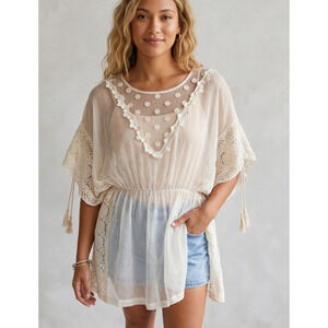 Ryu Ivory Lace Polka Dot Mesh Tassel Kaftan Tunic Top Cottagecore Vintage Style
